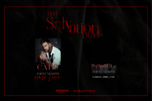 Covers of The Capo and The Angel sit on a field of black satin. The Capo cover features a ruggedly handsome man covered in tattoos with "Now Live" written underneath it and The Angel cover only shows the title with the rest of the book hidden with "Coming April 10th" under it. Text reads: The Salvation Duet, Amazon, KindleUnlimited.