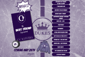 Center ice of a hockey rink is shown, tinted purple, showing the Dukes Crown logo. Below the logo is a hoodie showing Property of Oakwood Hockey. To the left is the temporary cover of The Best Friend Experiment and a hockey puck with the Dukes logo on it. To the right are the tropes, which read: Childhood Best friends to FWB to lovers, It was always her, New Adult College romance, Hockey player/ tomboy, Inexperienced, heroine/ reformed, Playboy Curvy, girl/jock, Found family, Roommates, He will burn the world down, She’s bullied, he deals with it, Popular guy / girl next door, Campus King / Ugly duckling, Funny Banter, He’s sunshine only for her, No 3rd act breakup